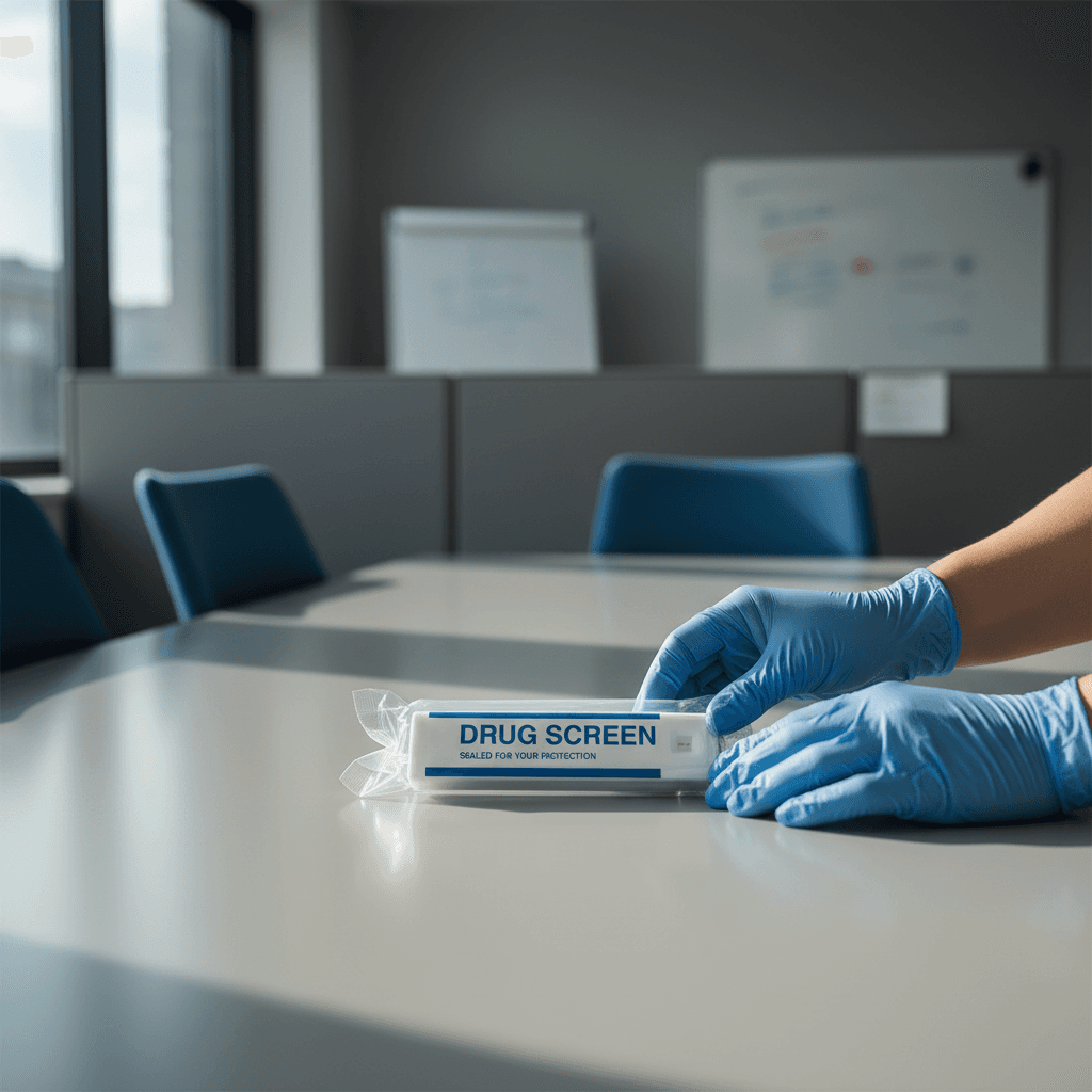 Drug test kit on office conference table