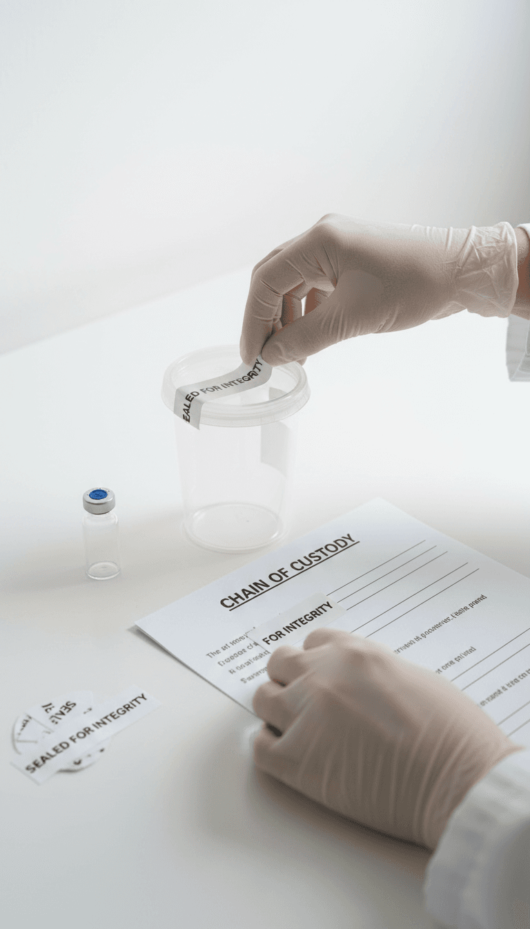 Hands of a mobile drug testing professional preparing collection supplies on a clean white surface
